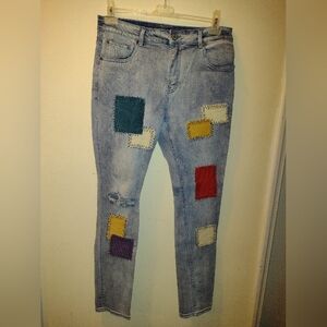 Serenede Blue Jeans Men's 33X32 Patchwork Distressed Stretch Y2k Streetwear